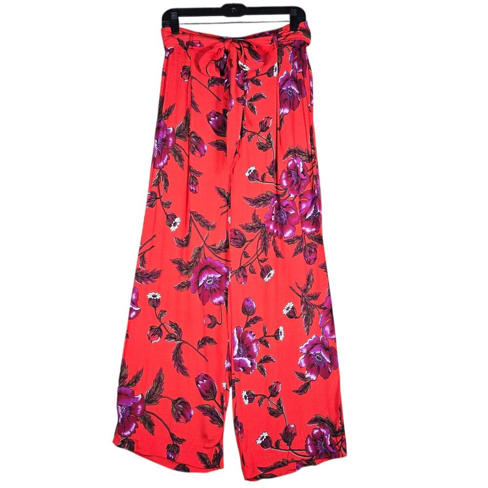 Ettitwa by Anthropologie Pants Womens 4 Red‎ Floral Wide Leg Belted Pockets